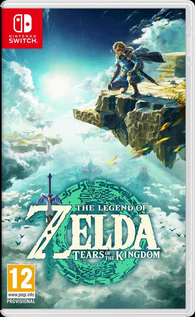 Forside Zelda Tears of the Kingdom. Link sitter på en klippe i himmelen over Zelda-logoen - Klikk for stort bilde