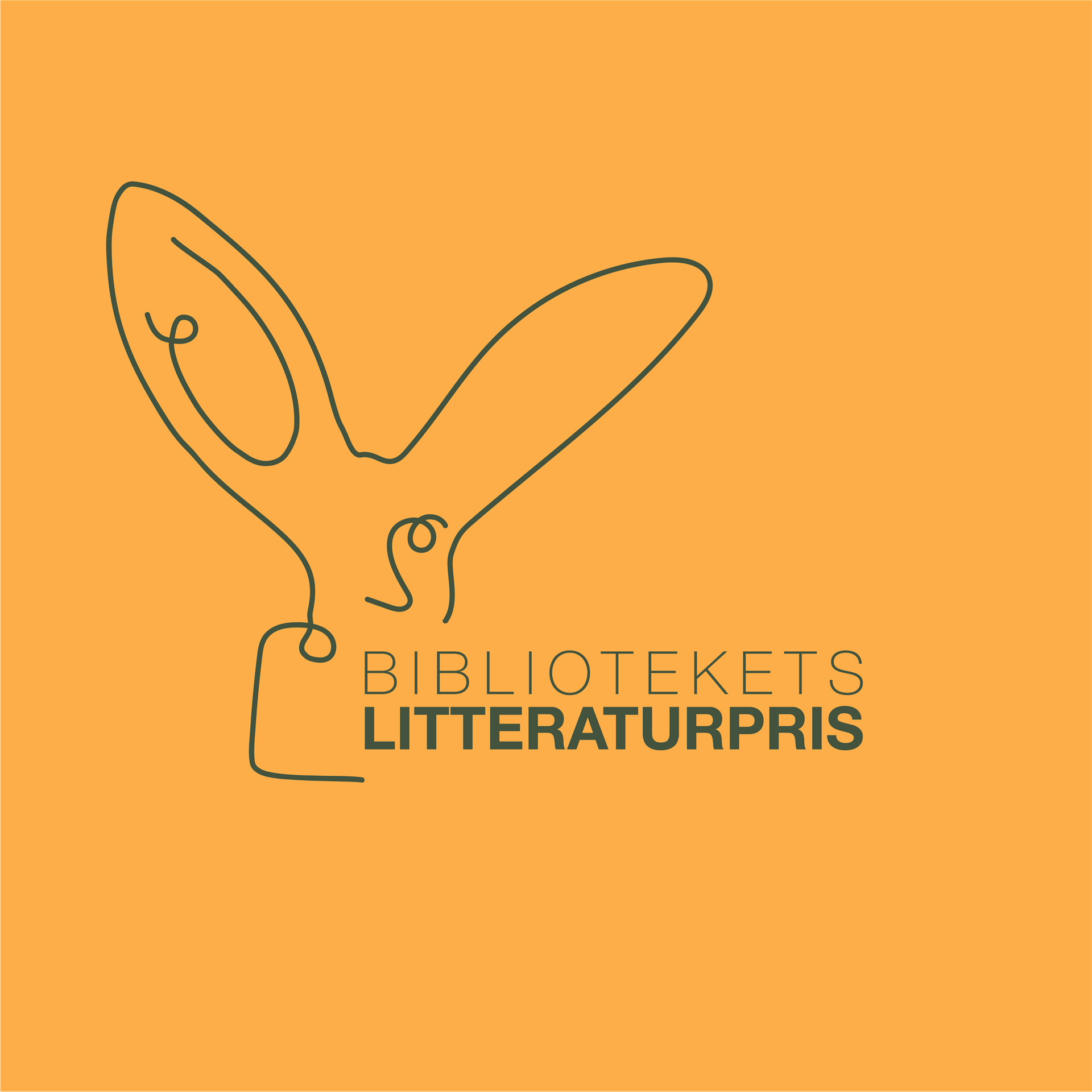 Logo Bibliotekets litteraturpris. En snirklete tegning omkranser ene enden av bokstavene. Tegningen ser ut som en blanding av en kanin og et menneske.