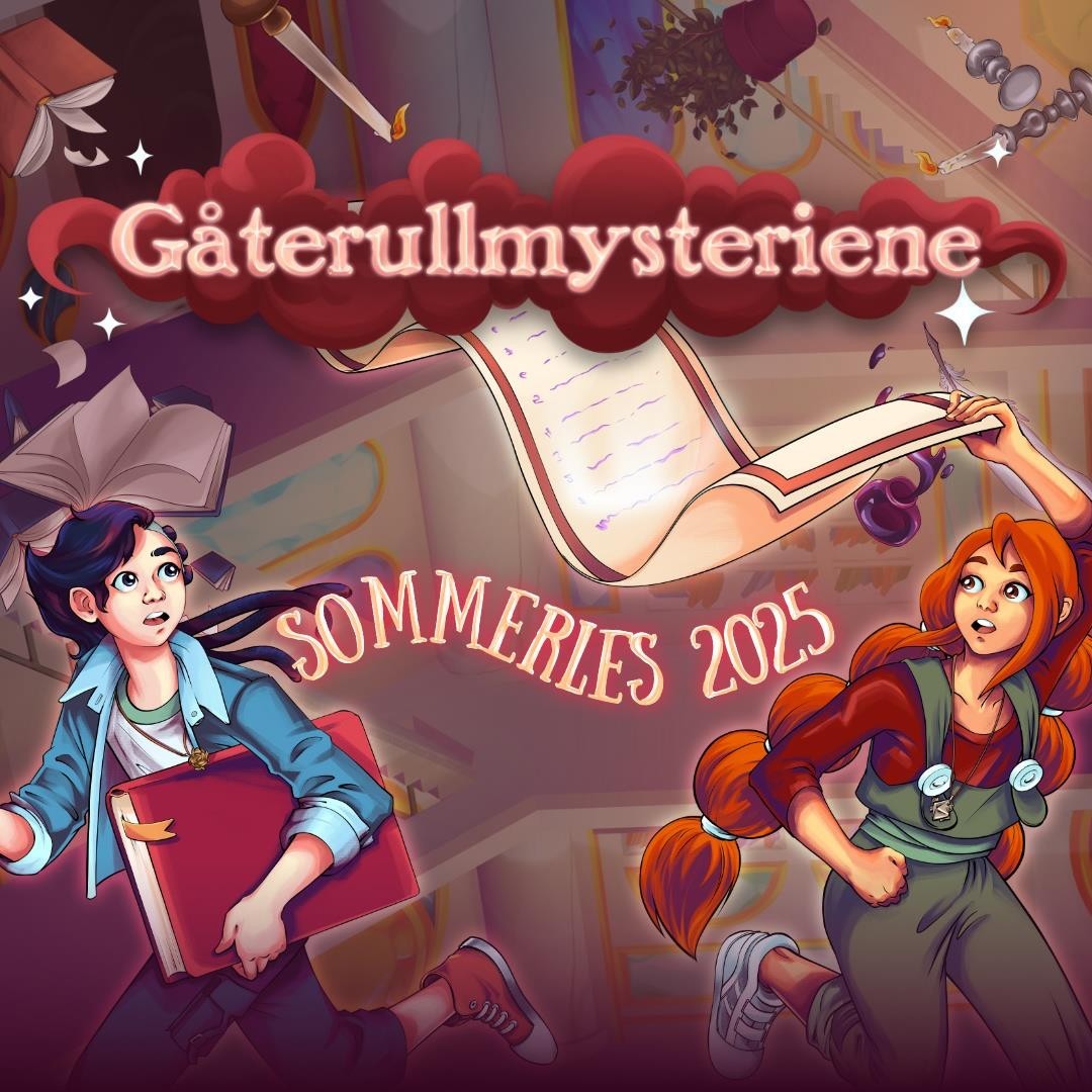 Gåterullmysteriene Sommerles 2025. Bak ser man detaljer fra fortellingen og Asbjørn og Astrid.