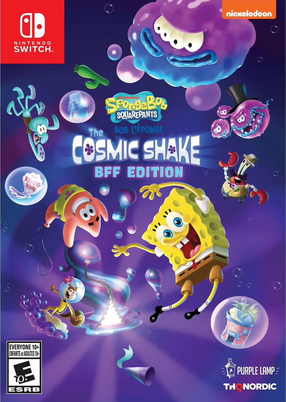 Bildet viser omslaget til spillet Spongebob Squarepants: The Cosmic Shake hvor Svampebob, Patrick og andre karakterer fra Bikinibunnen svirvler som de blir sugd inn til en annen dimensjon.. - Klikk for stort bilde