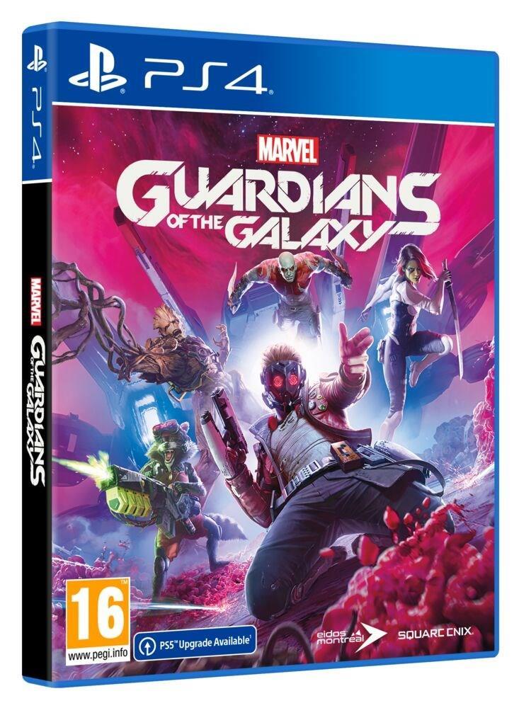 Bildet viser Guardians of the galaxy spillets omslagsbilde hvor de 5 medlemmene angriper noe vi ikke kan se bak kamera på en ukjent planet.  - Klikk for stort bilde
